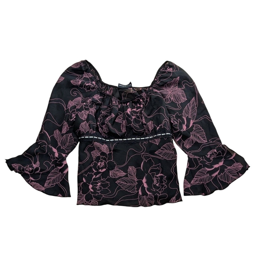 Vintage Fashion Bug Y2K Top Dark Floral Fairy Bell Sleeve Square Women's Small ?